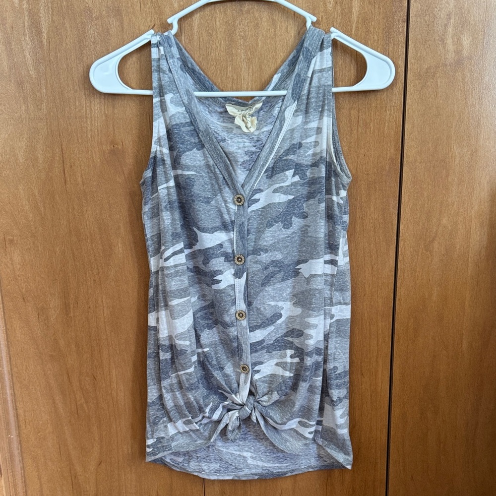 Fantastic Fawn Gray Camouflage Knot-Front Tank Top